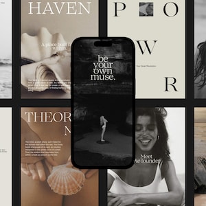 Peut inclure: Plusieurs affiches esthétiques en noir et blanc avec divers thèmes. L'une d'elles présente un écran de téléphone avec le texte "be your own muse". D'autres affiches incluent des textes comme "HAVEN", "POWER" et "SEARCH".
