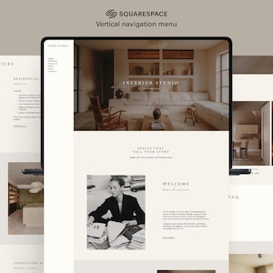 May include: A digital display showing a website design with a vertical navigation menu. The website features interior design project images, text, and the Squarespace logo. The design includes sections for services, residential projects, and consulting.