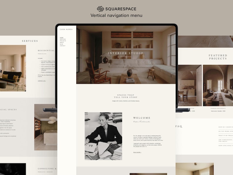 May include: A digital display showcasing a website design with a vertical navigation menu. The website features interior design project images, text, and the Squarespace logo. The design includes sections for services, residential projects, and consulting.