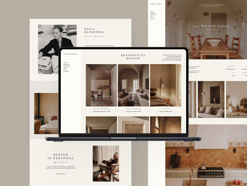May include: A laptop displaying a website design with the text "Residential Design" and images of interior spaces. The website also features the name "Sofia Ratkowski" and the phrase "Design is Personal."