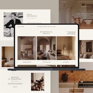 May include: A laptop displays a website showcasing interior design projects. The website features images of rooms, text, and a photo of a woman. The overall aesthetic is minimalist with a neutral color palette.