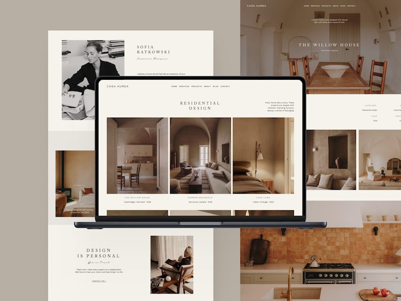 May include: A laptop displays a website showcasing interior design projects. The website features images of rooms, text, and a photo of a woman. The overall aesthetic is minimalist with a neutral color palette.
