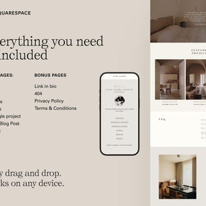 May include: A Squarespace website design layout with text that reads "Everything you need is included." The design includes a smartphone displaying a website, and other website page layouts. The text also includes "Easy drag and drop. Works on any device."