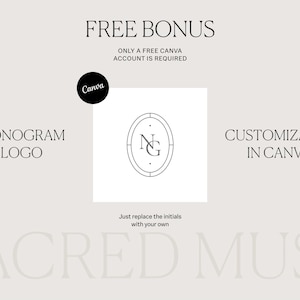 May include: A black and white monogram logo design with the initials "NG" inside a circle. The text "FREE BONUS" is at the top of the image, and the text "CUSTOMIZABLE IN CANVA" is at the bottom of the image. The text "Just replace the initials with your own" is below the logo.