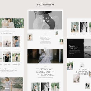 May include: Website homepage for a wedding photographer, featuring a white background with black text and images of couples in various wedding settings. The text includes "Sacred Muse", "Weddings Elopement Editorial", and "Eternal Beauty From Your Story".