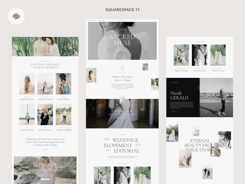 May include: Website homepage for a wedding photographer, featuring a white background with black text and images of couples in various wedding settings. The text includes "Sacred Muse", "Weddings Elopement Editorial", and "Eternal Beauty From Your Story".