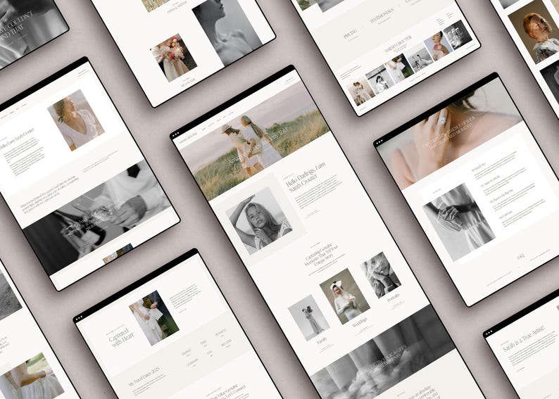 May include: A website for a wedding photographer. The website features images of brides and wedding details, along with text about the photographer's services and style. The website is designed in a minimalist style with a white background and black text.
