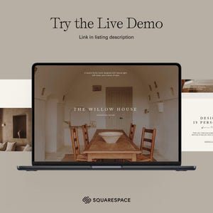 May include: A laptop displays a website design with the text "Try the Live Demo" and "The Willow House". The website features a dining room with a wooden table and chairs. The laptop is on a neutral background.