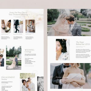May include: A website homepage for a wedding photographer. The website features images of a couple in a garden setting, a bride and groom in a formal setting, and a bride and groom in a more casual setting. The website also includes text about the photographer's services and experience.