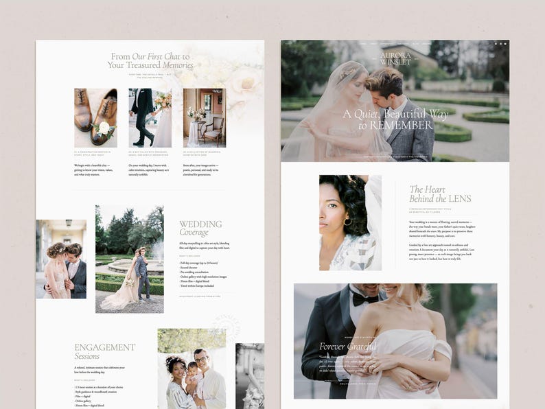 May include: A website homepage for a wedding photographer. The website features images of a couple in a garden setting, a bride and groom in a formal setting, and a bride and groom in a more casual setting. The website also includes text about the photographer's services and experience.