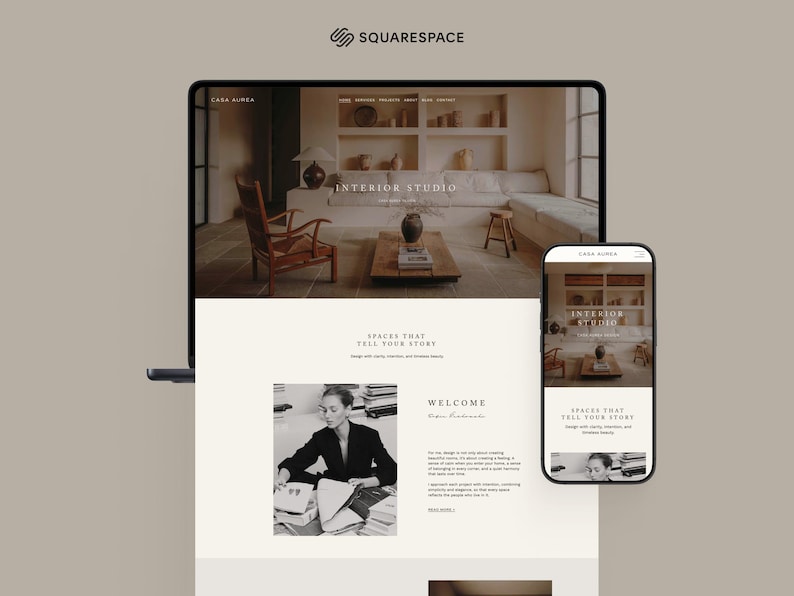 May include: A website design for an interior design studio, displayed on a laptop and a smartphone. The website features a neutral color palette, showcasing interior design images and text. The Squarespace logo is at the top.