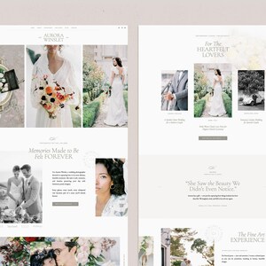 May include: A website for a wedding photographer, Aurora Winslet, featuring images of brides and grooms in various settings. The website text includes the phrases "For The Heartfelt Lovers", "Memories Made to Be Felt FOREVER", and "She Saw the Beauty We Didn't Even Notice."