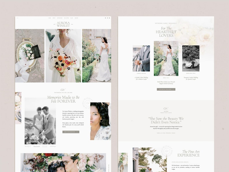 May include: A website for a wedding photographer, Aurora Winslet, featuring images of brides and grooms in various settings. The website text includes the phrases "For The Heartfelt Lovers", "Memories Made to Be Felt FOREVER", and "She Saw the Beauty We Didn't Even Notice."