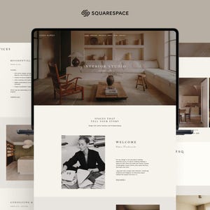 Könnte beinhalten: Webdesign für ein Innenarchitekturstudio mit minimalistischer Ästhetik. Die Website präsentiert Wohn- und Gewerbeprojekte mit Fokus auf Räume, die eine Geschichte erzählen. Das Squarespace-Logo ist oben sichtbar.
