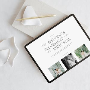 May include: A tablet computer displaying a website with the text "Weddings Elopement Editorial". The website features three images of couples in different settings.