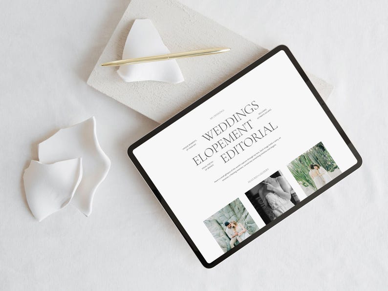 May include: A tablet computer displaying a website with the text "Weddings Elopement Editorial". The website features three images of couples in different settings.