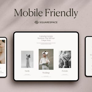 May include: A website mockup on a mobile phone and tablet showing a photography portfolio. The website is designed with a simple, clean layout and features images of families, weddings, and portraits. The text on the website reads "Capturing Genuine Moments That Tell Your Unique Story".