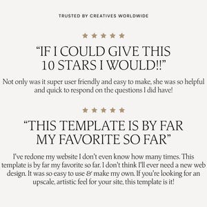 May include: Two customer testimonials about a website template. The first testimonial says "IF I COULD GIVE THIS 10 STARS I WOULD!!" and the second testimonial says "THIS TEMPLATE IS BY FAR MY FAVORITE SO FAR".
