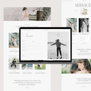 May include: Website screenshot showing a photography portfolio for weddings, elopements, and editorials. The website features a black and white photo of a woman in a field, a testimonial, and a call to action to connect with the photographer.