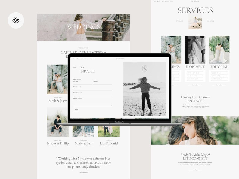 May include: Website screenshot showing a photography portfolio for weddings, elopements, and editorials. The website features a black and white photo of a woman in a field, a testimonial, and a call to action to connect with the photographer.