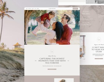 Pode incluir: Design do site com um retrato de família com mãe, pai e filho. O texto do site diz "Capturando os momentos honestos que ficam com você para sempre". O design tem uma paleta de cores neutras com uma cena de praia.