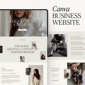 Puede incluir: Una maqueta de sitio web para un creador de contenido UGC, con un diseño minimalista y una paleta de colores en blanco y negro. El sitio web incluye texto que dice "UGC Content Creator", "Engaging Lifestyle Content for Modern Brands", "How It Works", y "Let's Work Together".