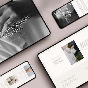 May include: A website mockup with the text "Captured with Heart" and "My Travel Dates 2025" on a white background. The website also includes a photo of a couple holding hands.