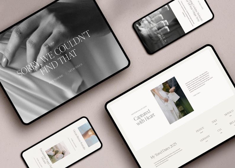 May include: A website mockup with the text "Captured with Heart" and "My Travel Dates 2025" on a white background. The website also includes a photo of a couple holding hands.