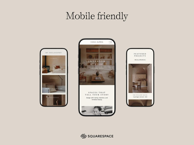May include: Three smartphones displaying website designs. The central phone shows "Interior Studio" with a photo of a living room. The other phones display "My Philosophy" and "Featured Projects." The phrase "Mobile friendly" is at the top.