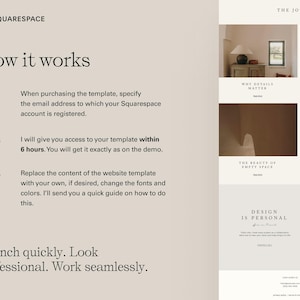 May include: A webpage design guide from Squarespace, with the text "How it works" and instructions on template usage. The page includes steps for account registration, access, and content replacement. The design is minimalist with a neutral color palette.
