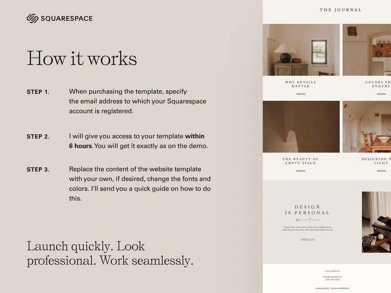 May include: A webpage design guide from Squarespace, with the text "How it works" and instructions on template usage. The page includes steps for account registration, access, and content replacement. The design is minimalist with a neutral color palette.