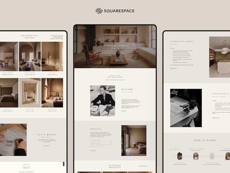 May include: Screenshots of a website design for an interior design studio. The website features residential and commercial design examples, with a neutral color palette and minimalist aesthetic. The Squarespace logo is at the top.
