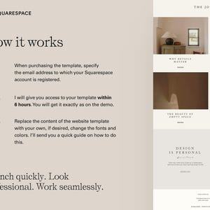 May include: A Squarespace website template guide with text: "How it works." The steps include specifying an email, accessing the template within 6 hours, and replacing content. The page also features a section titled "The Journal" with interior design images.