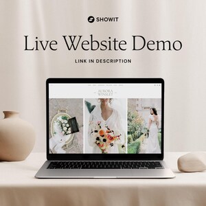 May include: A laptop computer displaying a website for Aurora Winslet, a photographer. The website features images of a bride and a bouquet of flowers.