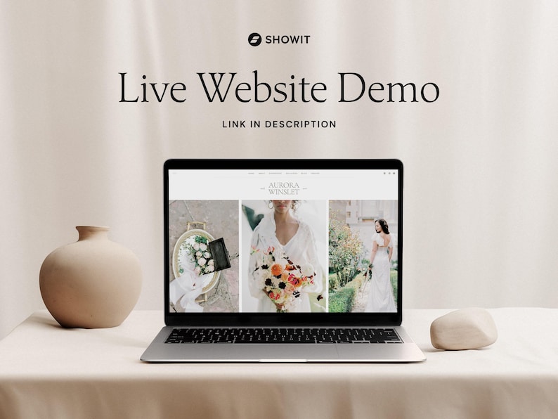 May include: A laptop computer displaying a website for Aurora Winslet, a photographer. The website features images of a bride and a bouquet of flowers.