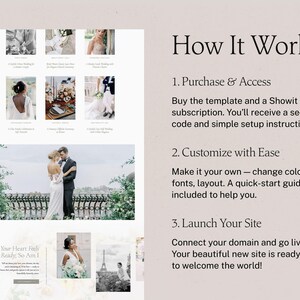 May include: A website template for wedding photographers, showing a couple in front of a scenic background. The text "How It Works" is displayed with three steps: Purchase & Access, Customize with Ease, and Launch Your Site.
