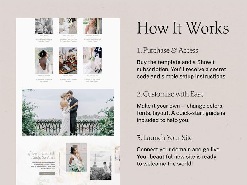 May include: A website template for wedding photographers, showing a couple in front of a scenic background. The text "How It Works" is displayed with three steps: Purchase & Access, Customize with Ease, and Launch Your Site.