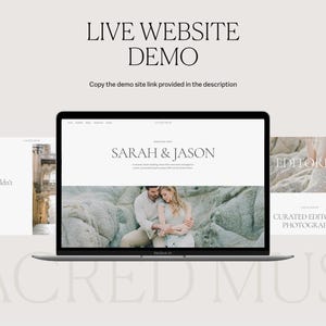 May include: A laptop computer displaying a website for a photography business called "Sacred Muse". The website features a couple's engagement photo and the text "Sarah & Jason".