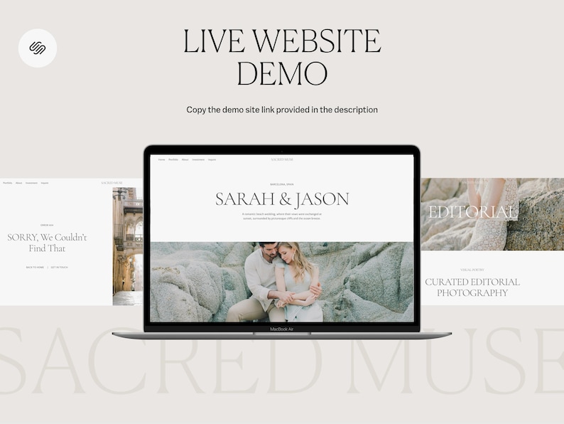 May include: A laptop computer displaying a website for a photography business called "Sacred Muse". The website features a couple's engagement photo and the text "Sarah & Jason".