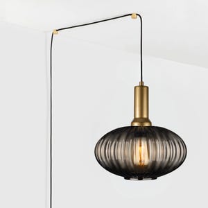 May include: A contemporary pendant light featuring a smoked glass shade and brass-toned fittings. The light has a ribbed, oval shade and a visible filament bulb. A black cable runs to the ceiling, secured with small gold-coloured brackets.