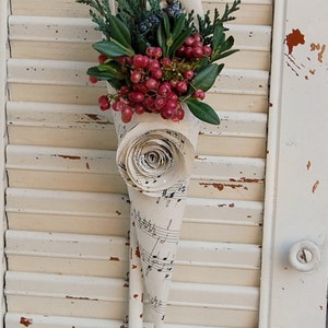 Petite Christmas Dried Flower Cone/ Holiday Greens and Berries / Vintage Sheet Music Cones
