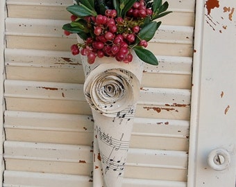 Petite Christmas Dried Flower Cone/ Holiday Greens and Berries / Vintage Sheet Music Cones