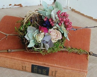 Birds Nest with Dried Flowers /  Grapevine and Moss Nest / Roses, Hydrangea , Berries / Natural Woodland Decor