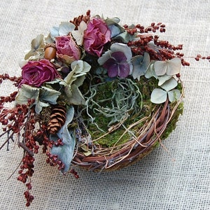 Fall Bird Nest with Dried Flowers / Rustic Nest / Natural Decor /Grapevine Moss Nest/ Cottage Decor