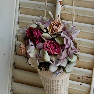 Dried Flower Arrangement / Vintage French Book Page Cone / Shabby Cottage / Dried Roses / Wall Decor image 3