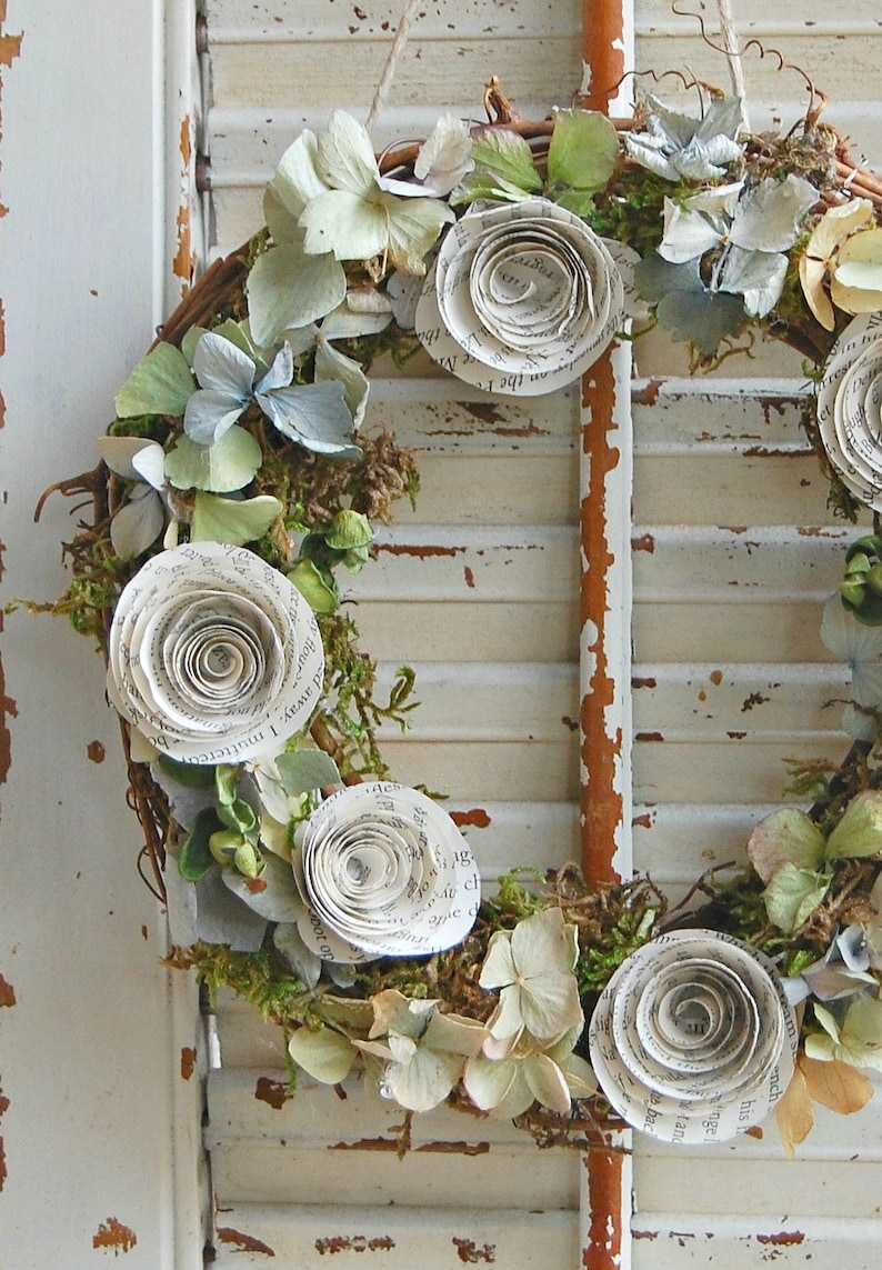 Dried Flower and Paper Rose Wreath / 8 Spring Dried Hydrangea Wreath / Shabby Cottage image 2