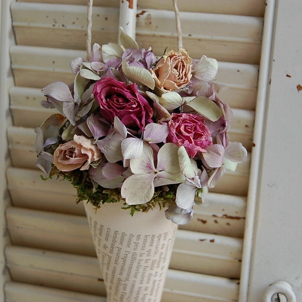 Dried Flower Arrangement /  Vintage French Book Page Cone / Shabby Cottage / Dried Roses / Wall Decor