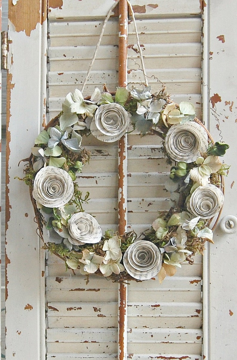 Dried Flower and Paper Rose Wreath / 8 Spring Dried Hydrangea Wreath / Shabby Cottage image 3