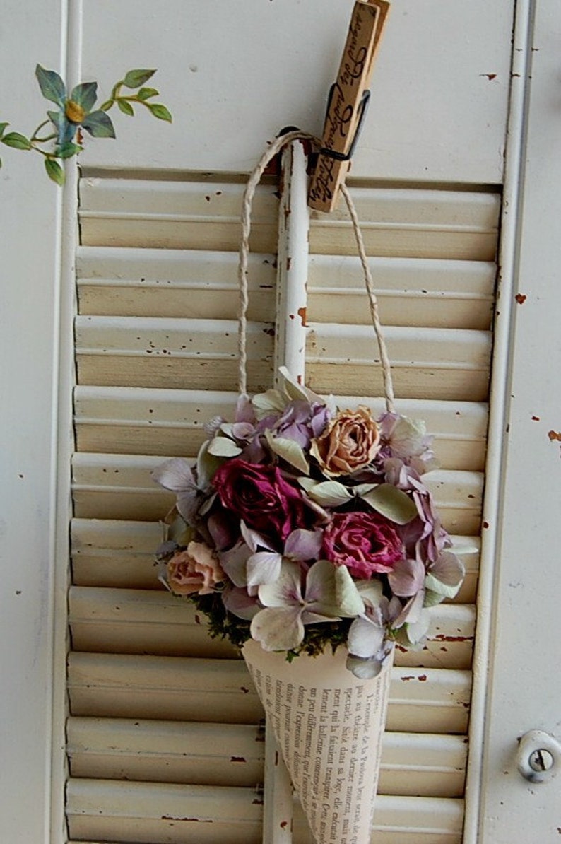 Dried Flower Arrangement / Vintage French Book Page Cone / Shabby Cottage / Dried Roses / Wall Decor image 5