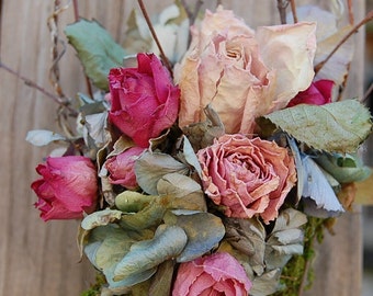 Mossy Cone with Dried Roses and Hydrangea / Dried Flower / Spring Arrangement